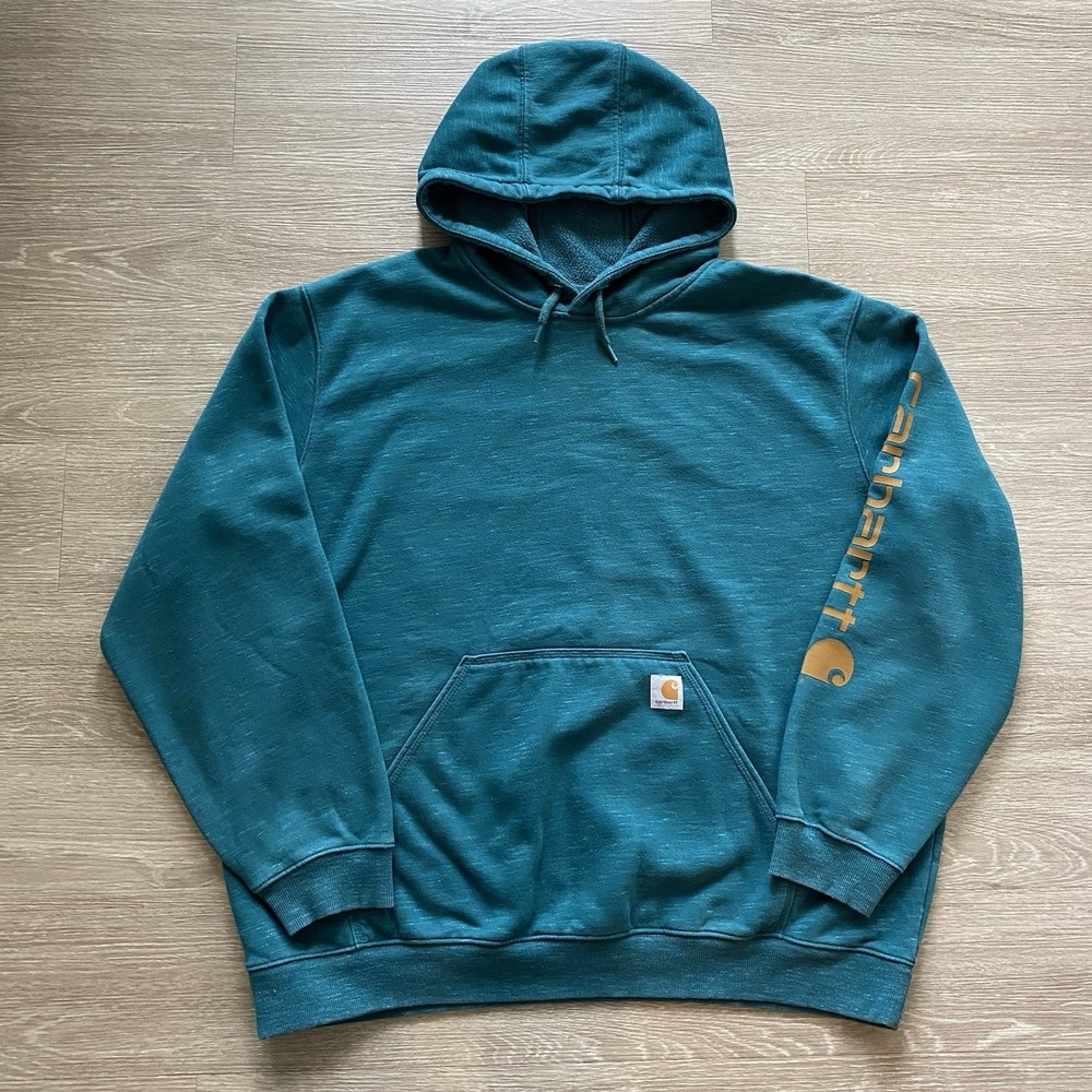 Carhartt Fleece Pullover Sweatshirt Men's 2XL Green Loose Fit Logo Hooded Work